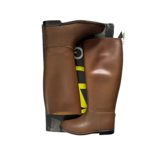 Brown rubber boots with a visible brand logo on a white background