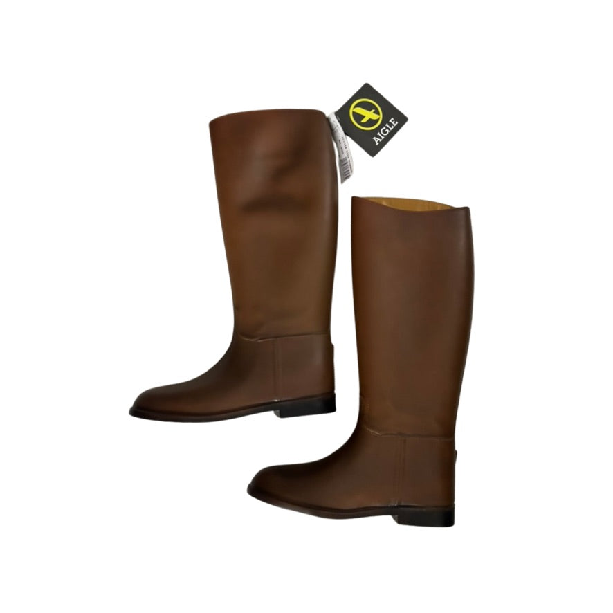 Pair of brown knee-high boots with a visible brand tag on a white background