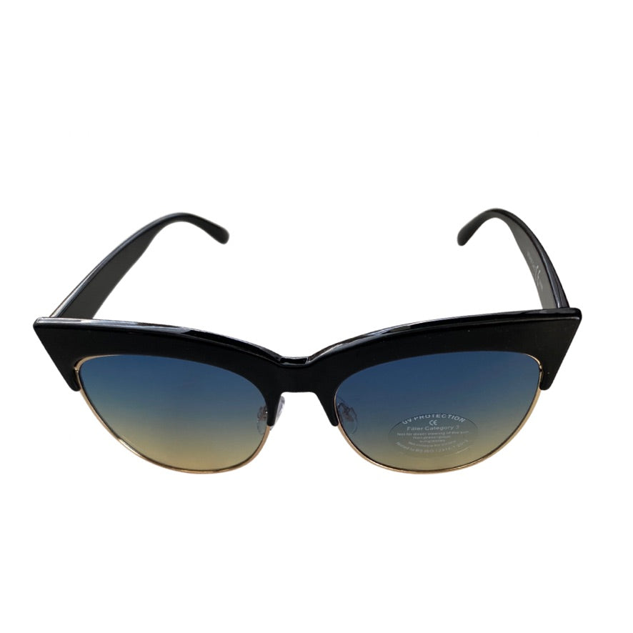 Black cat-eye sunglasses with gradient lenses on a white background