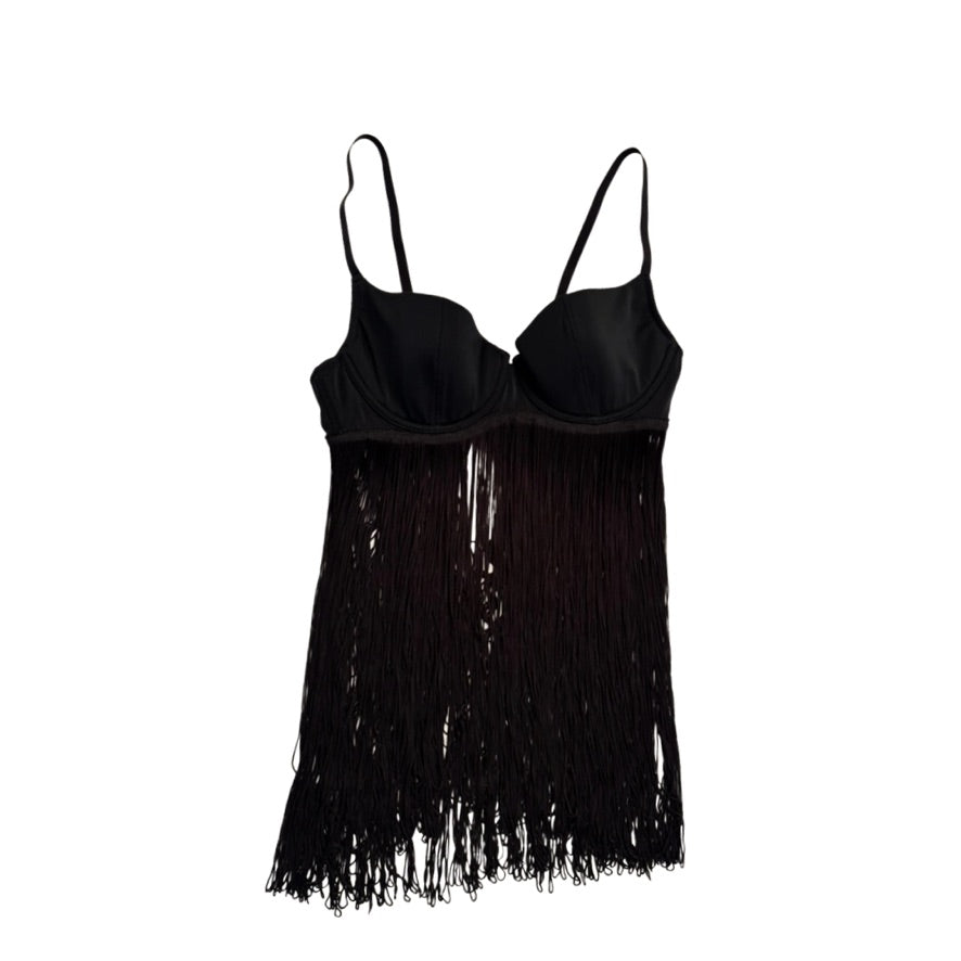 Black fringe babydoll on a white background
