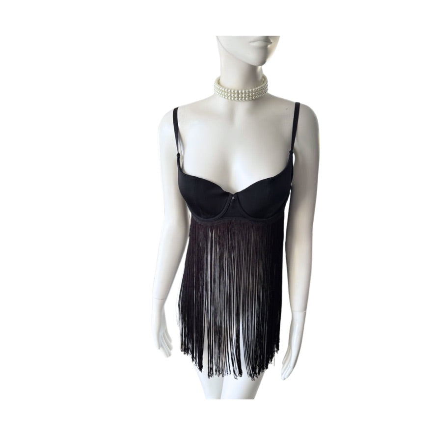 Black fringe dress on a mannequin with a white background