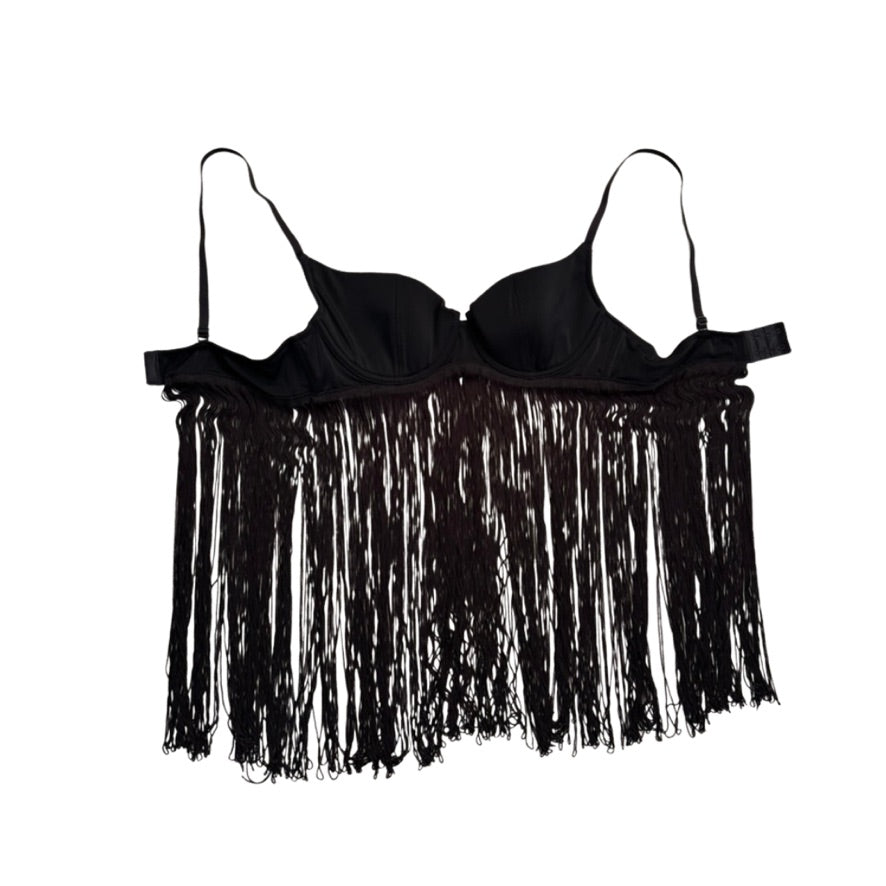 Black fringe top on a white background