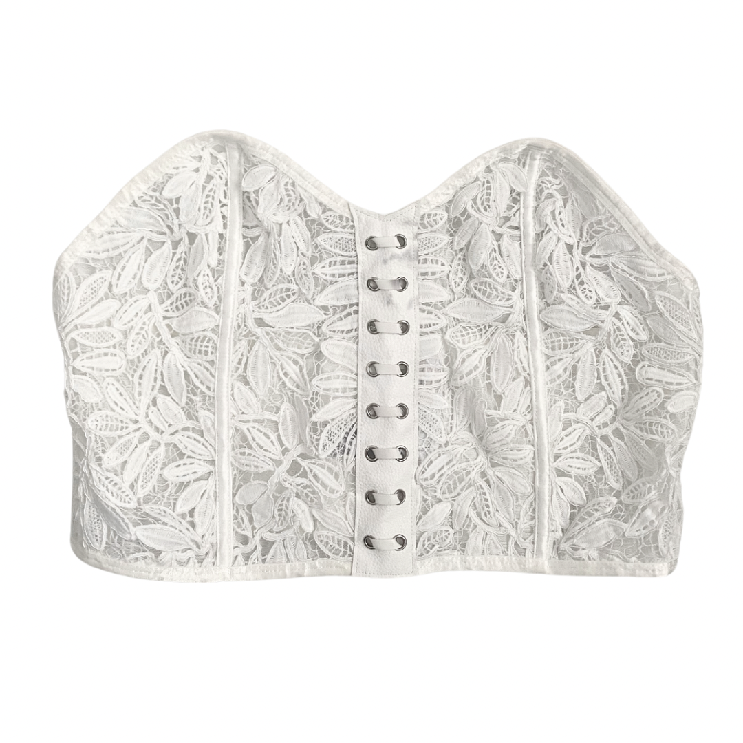A white strapless lace crop corset bustier with floral lace design and a cropped fit.