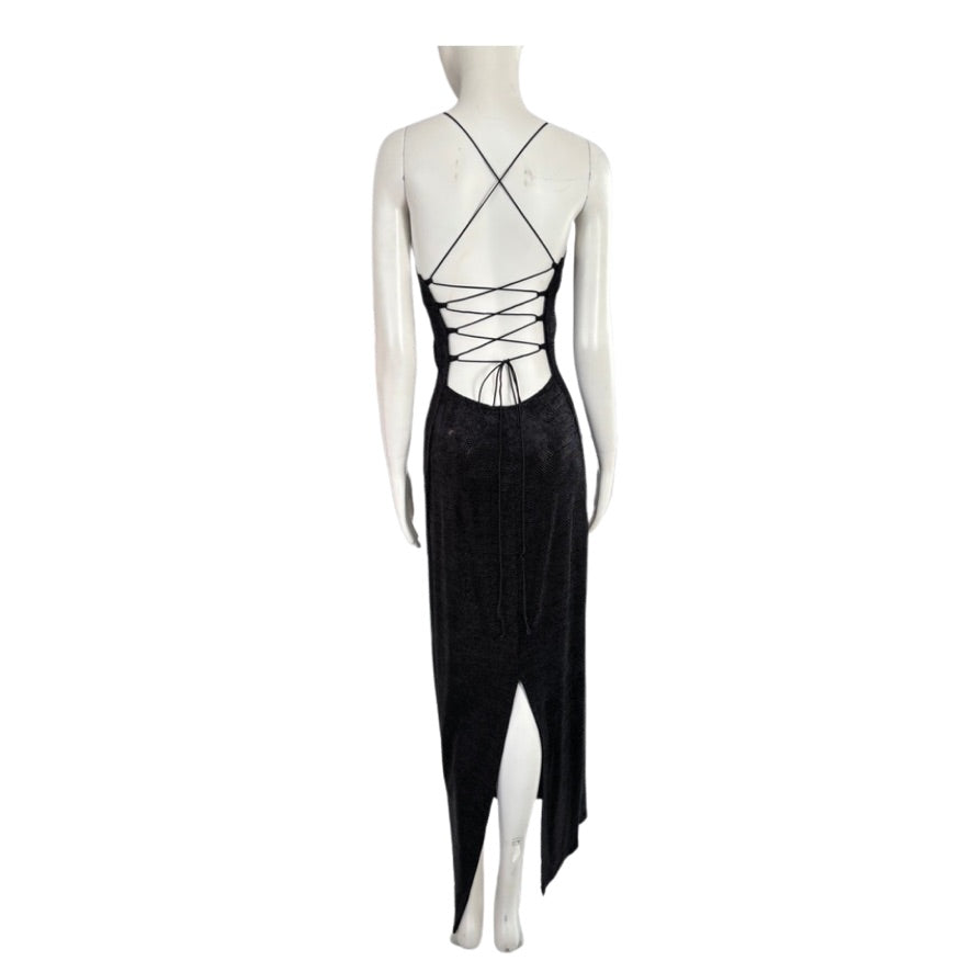 Black dress with criss-cross back on a mannequin against a white background