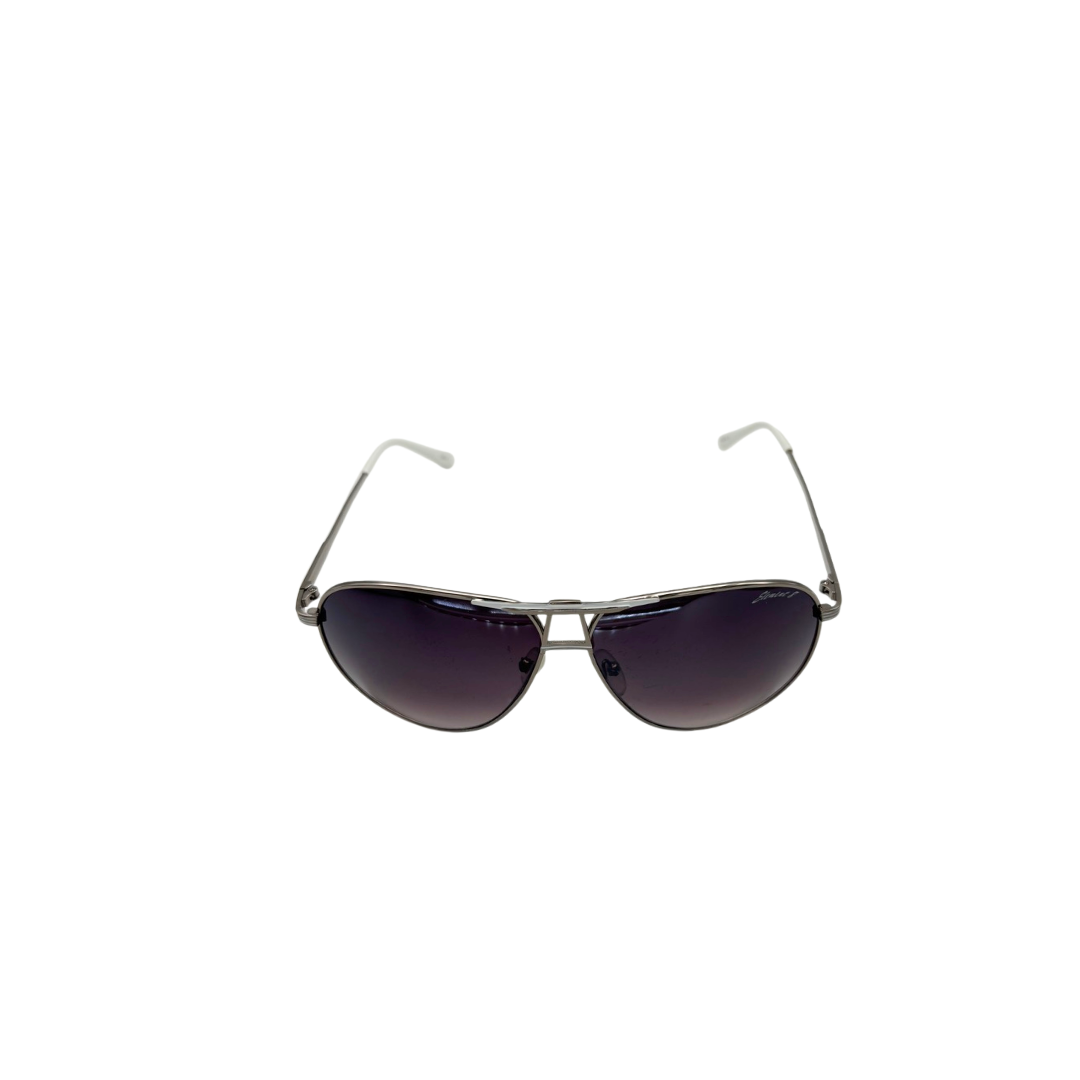 Aviator sunglasses with dark lenses on a white background