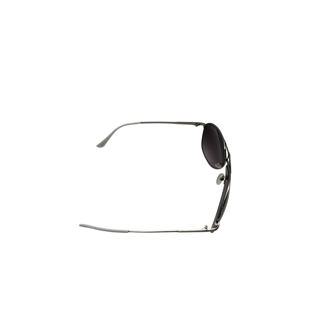 Sunglasses with black lenses and silver frame on a white background