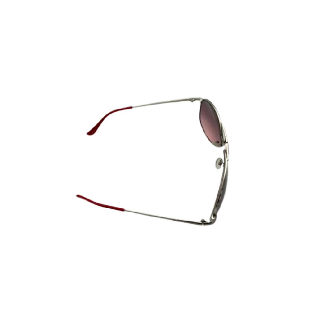 Sunglasses with red arms and pink-tinted lenses on a white background