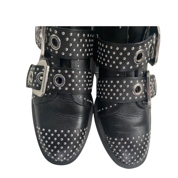 Zara Buckled Leather Stud Ankle Boots Black SIZE 36