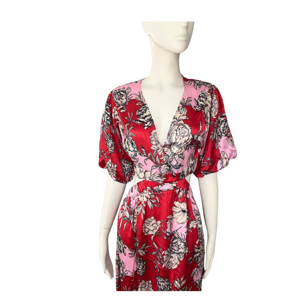 Influence Cut-out Floral Midi Dress Red Pink SIZE 12 - New