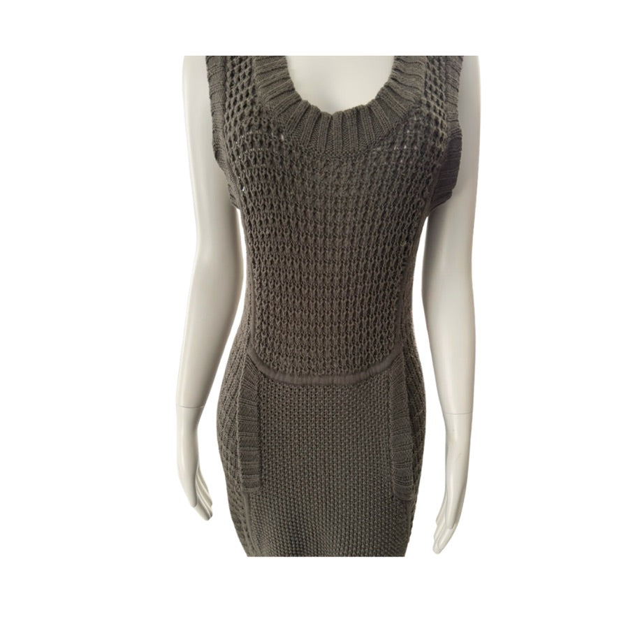 khaki knitted dress on a mannequin against a white background