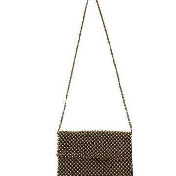 Black beaded handbag with a chain strap on a white background