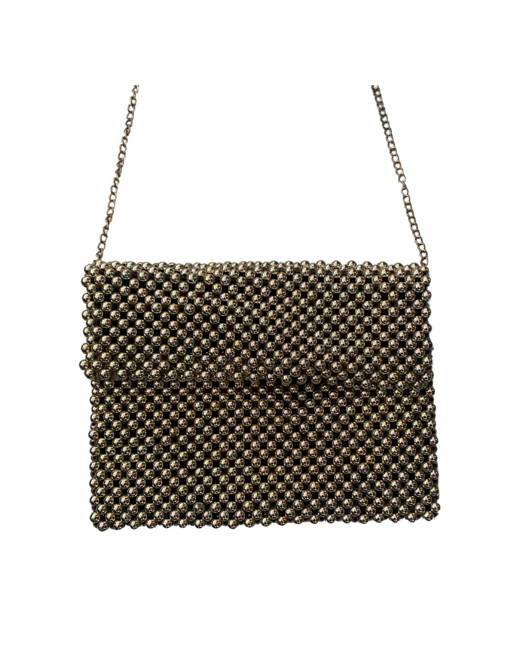 Beaded handbag with chain strap on a white background