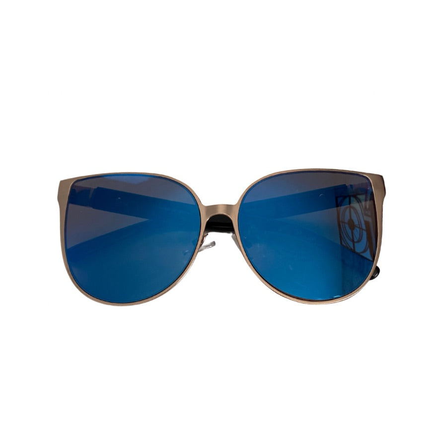 Sunglasses with blue lenses and gold frame on a white background