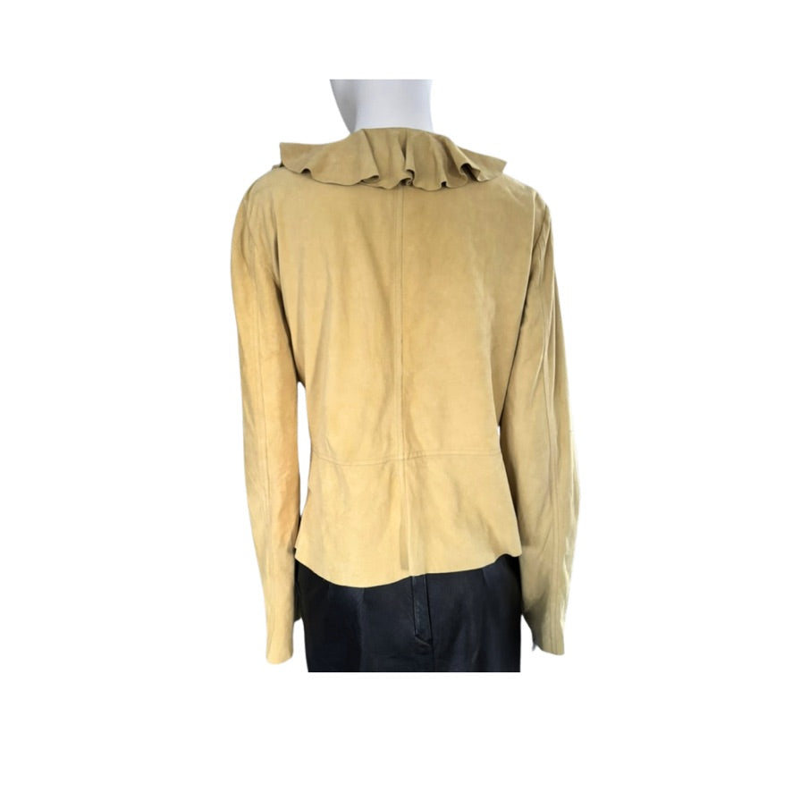 Yellow blouse with ruffled collar on a mannequin against a white background