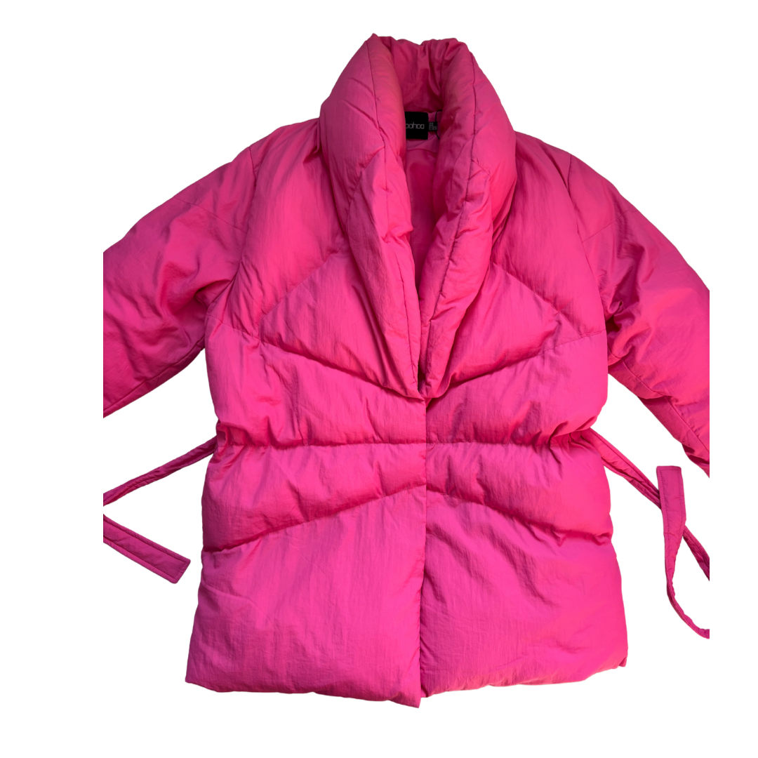 Pink puffer jacket with a belt on a white background