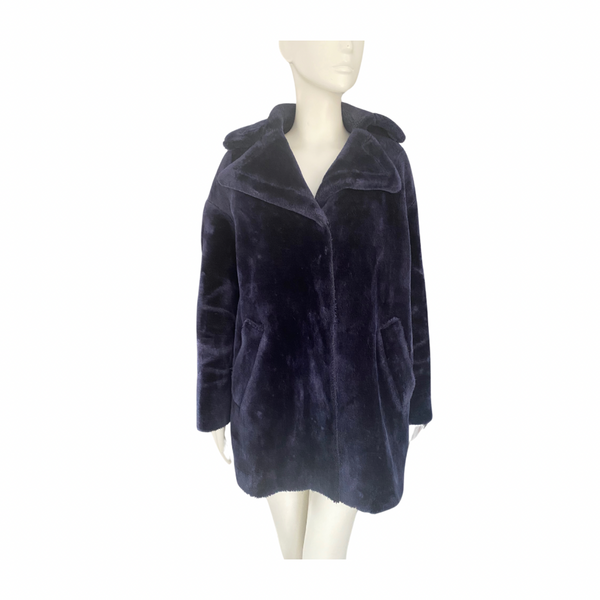 WHISTLES Faux Fur Coat Navy SIZE S Preloved