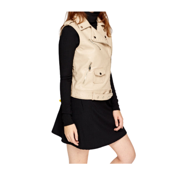 Faux Leather Biker Waiscoat Cream SIZE L - New