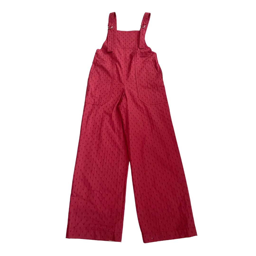 Red patterned overalls on a white background