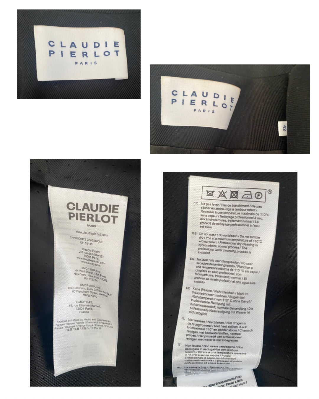 Collage of Claudie Pierlot labels on black fabric background