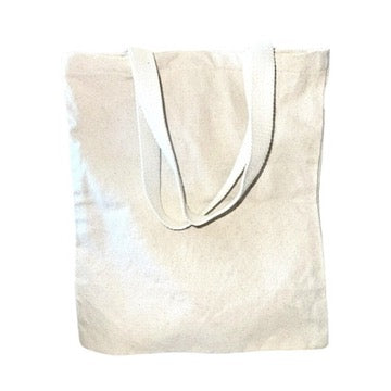 Beige tote bag with white handles on a white background