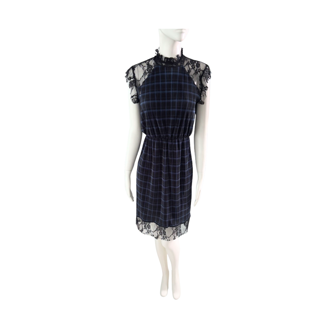 Navy checkered dress with lace details on a mannequin against a white background