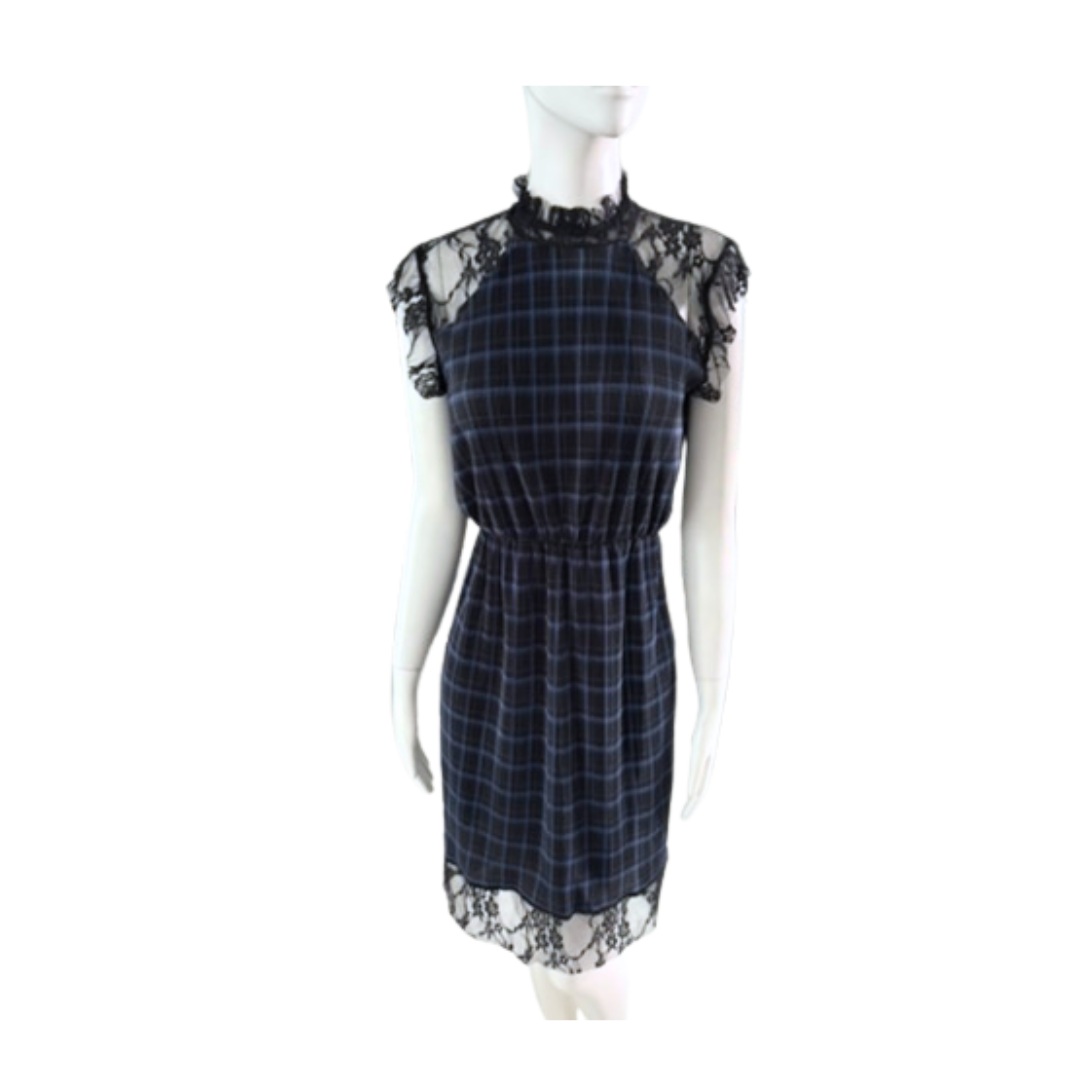 Mannequin wearing a black plaid dress with lace sleeves and hem on a white background