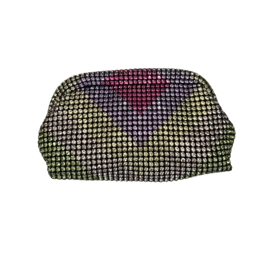 Multicolored rhinestone clutch bag on a white background