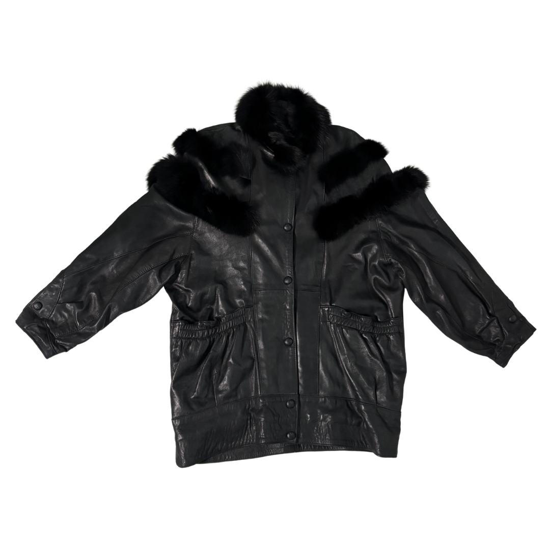 Black leather jacket with fur trim on a white background