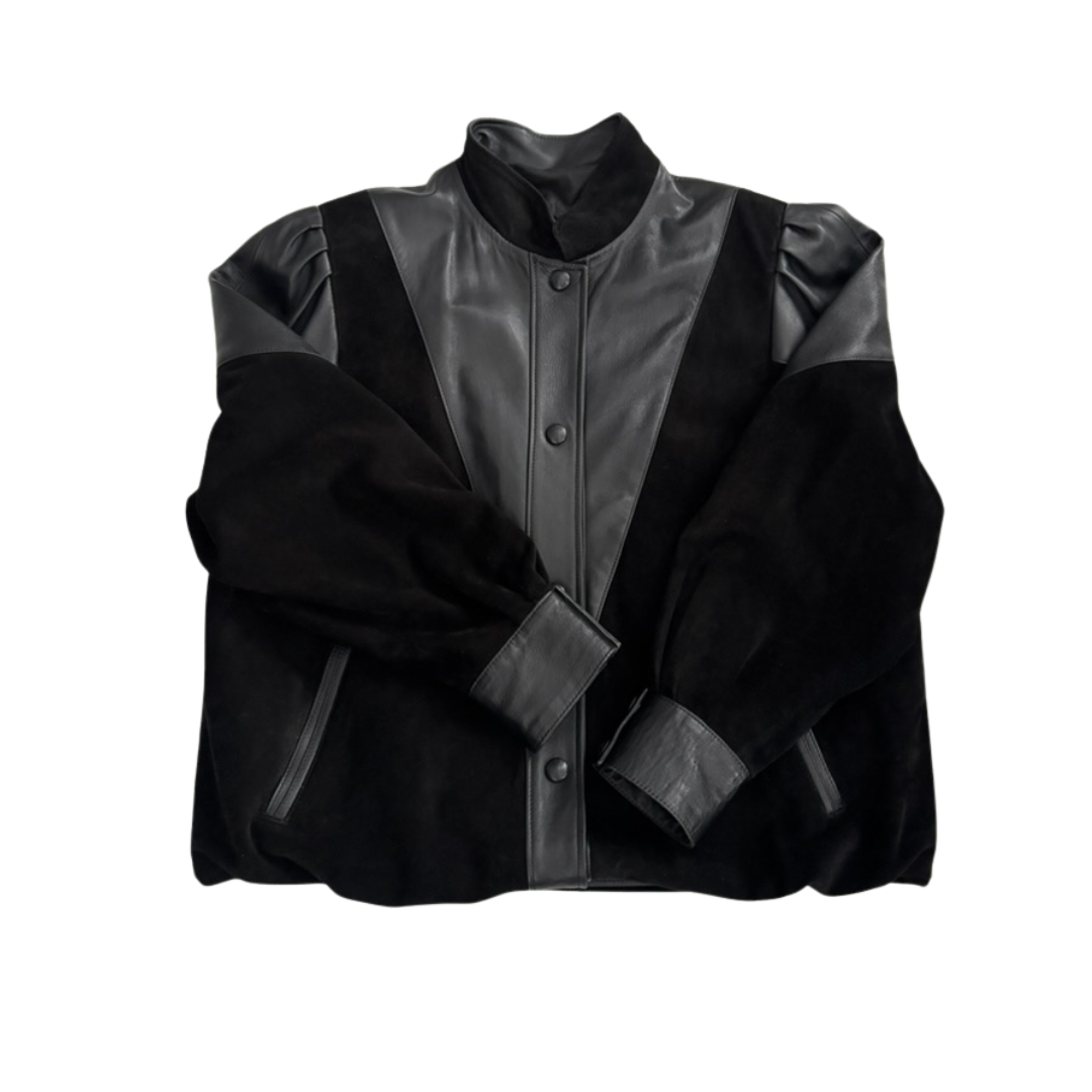 Black leather jacket with fur collar on a white background