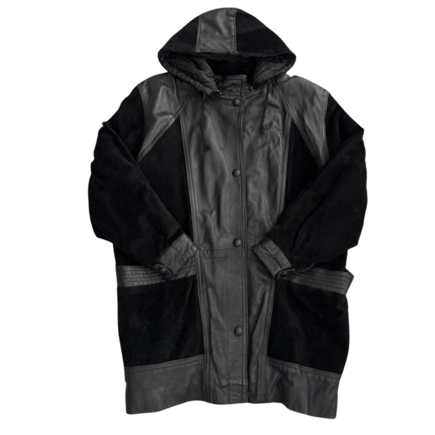 Black and gray hooded coat on a white background