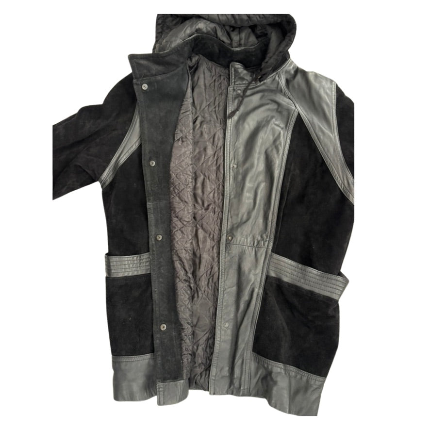 Black and gray jacket with reflective stripes on a white background