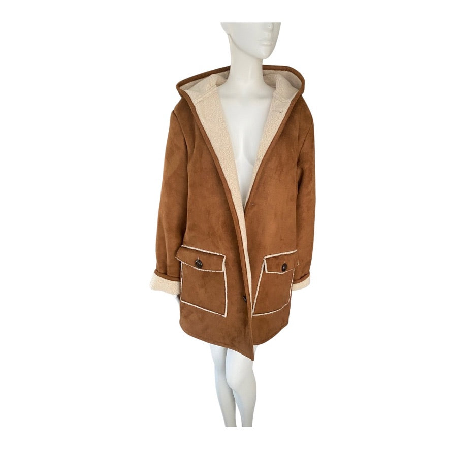 Brown suede jacket with beige lining on a mannequin against a white background