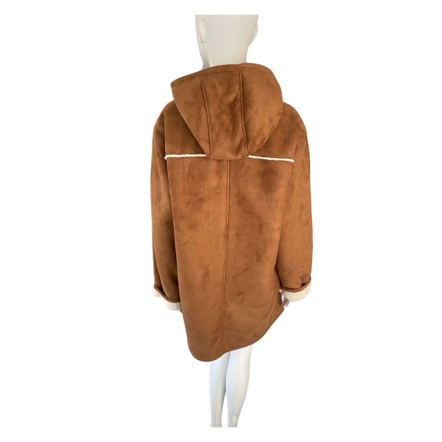 Brown hooded coat on a mannequin against a white background