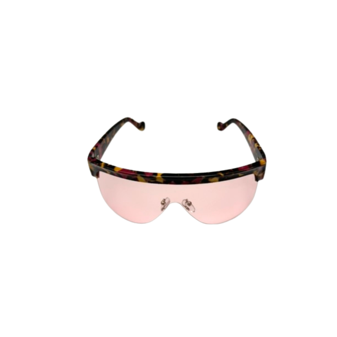 Sunglasses with a colorful frame and pink lenses on a white background