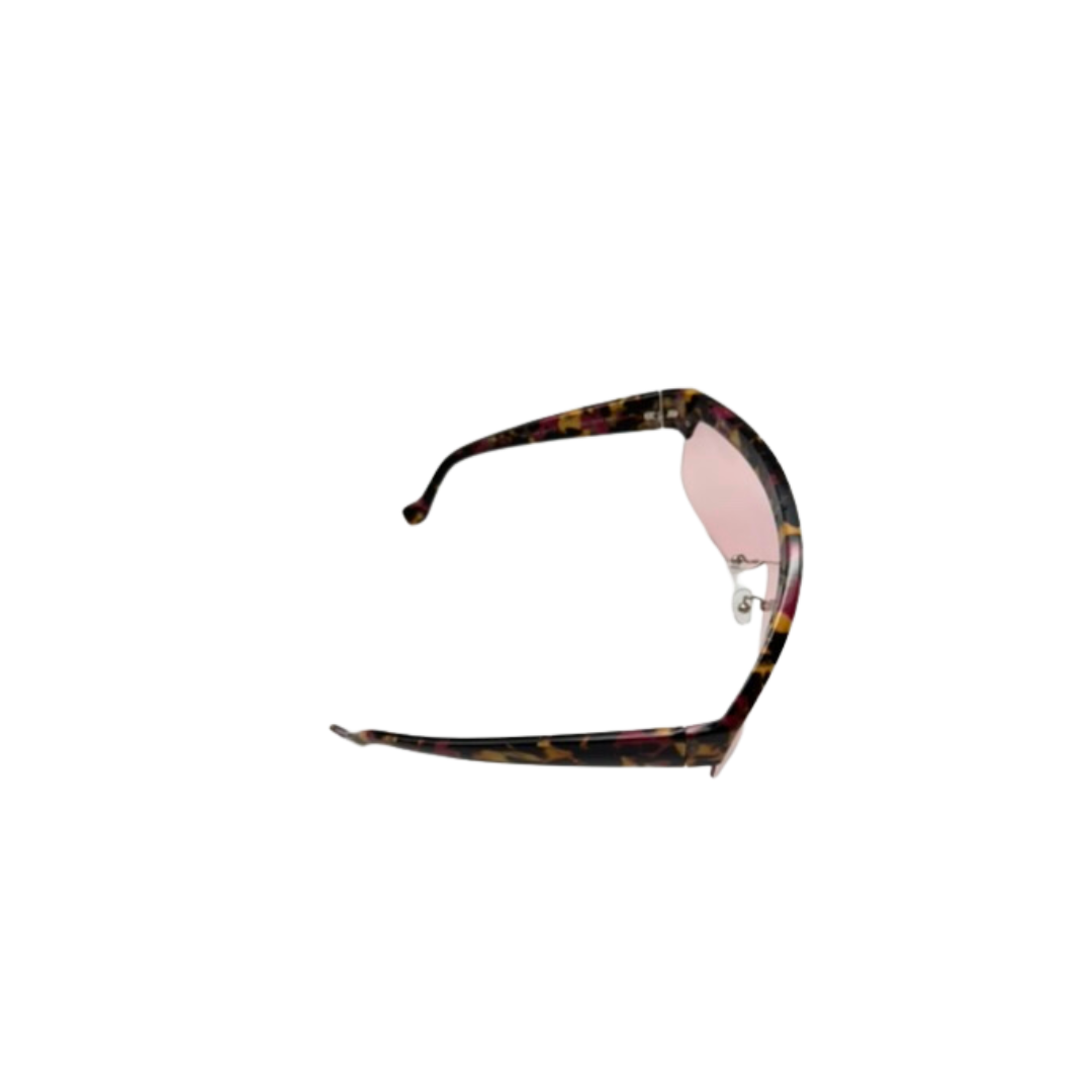 Sunglasses with a tortoiseshell frame and pink lenses on a white background