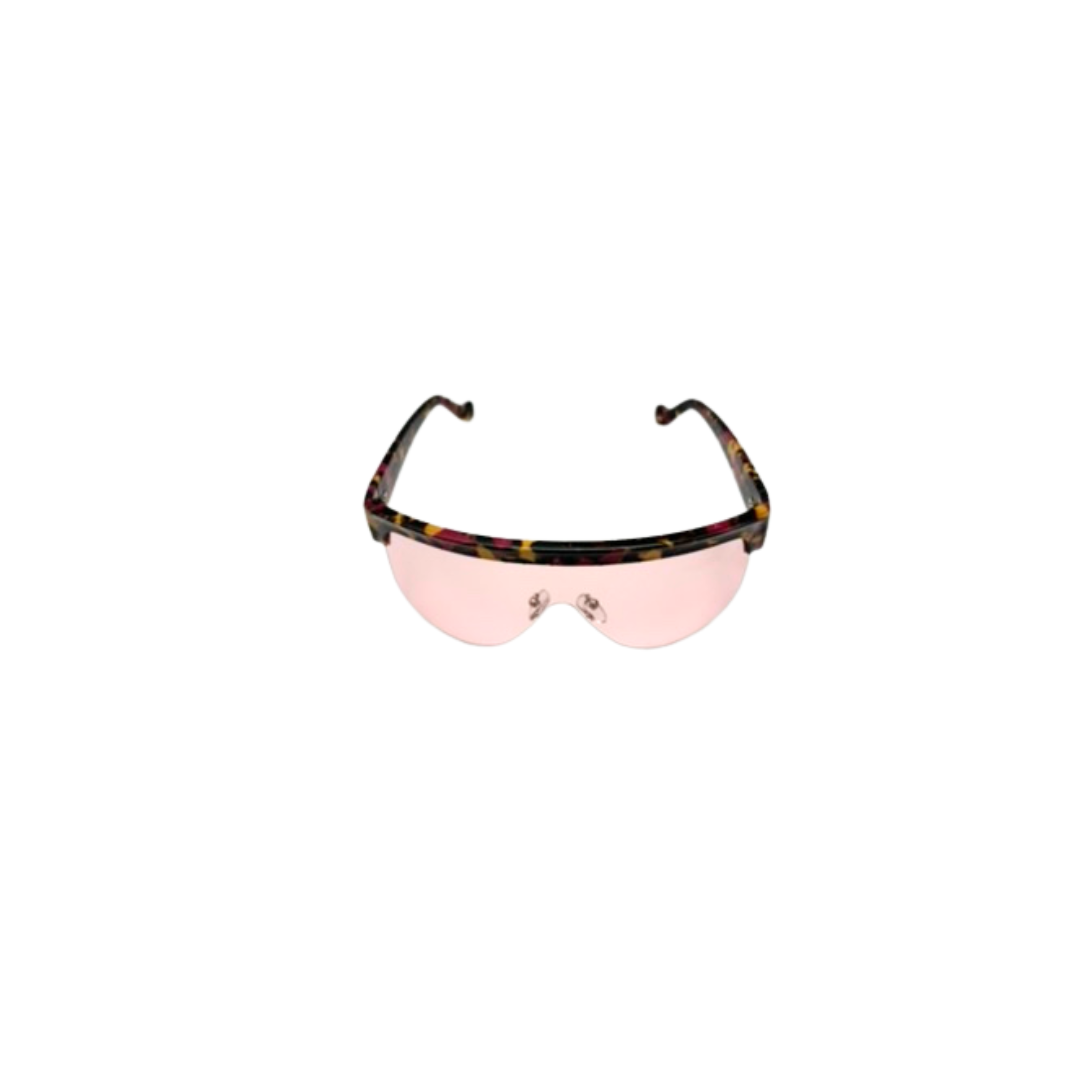 Sunglasses with a tortoiseshell frame and pink lenses on a white background