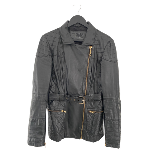 River Island Leather Midi Biker Jacket Black SIZE 12 Preloved