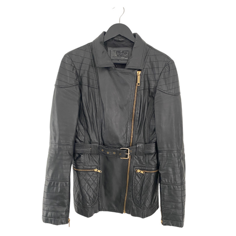 River Island Leather Midi Biker Jacket Black SIZE 12 Preloved