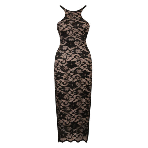 Lace Bodycon Midi Dress Black Nude - New