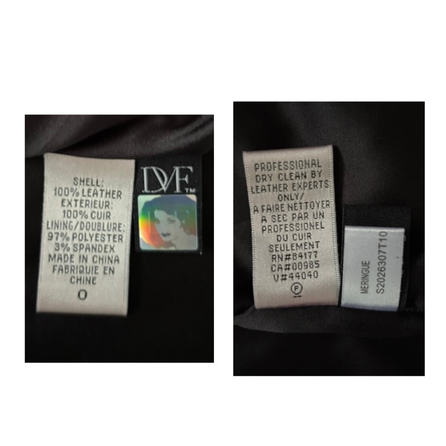 Two clothing labels on a dark fabric background