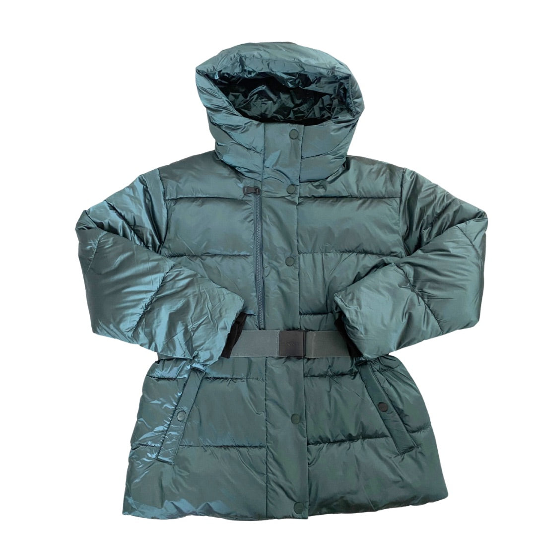 Green puffer jacket with a hood on a white background
