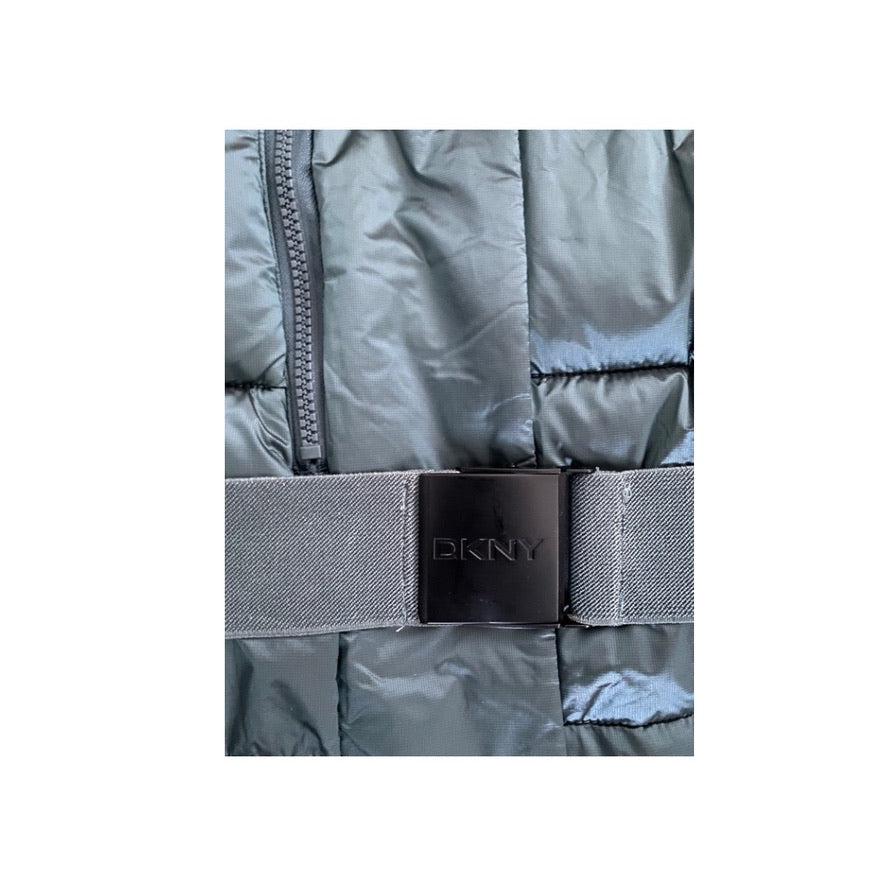 Gray puffer jacket with a belt and DKNY logo on a white background