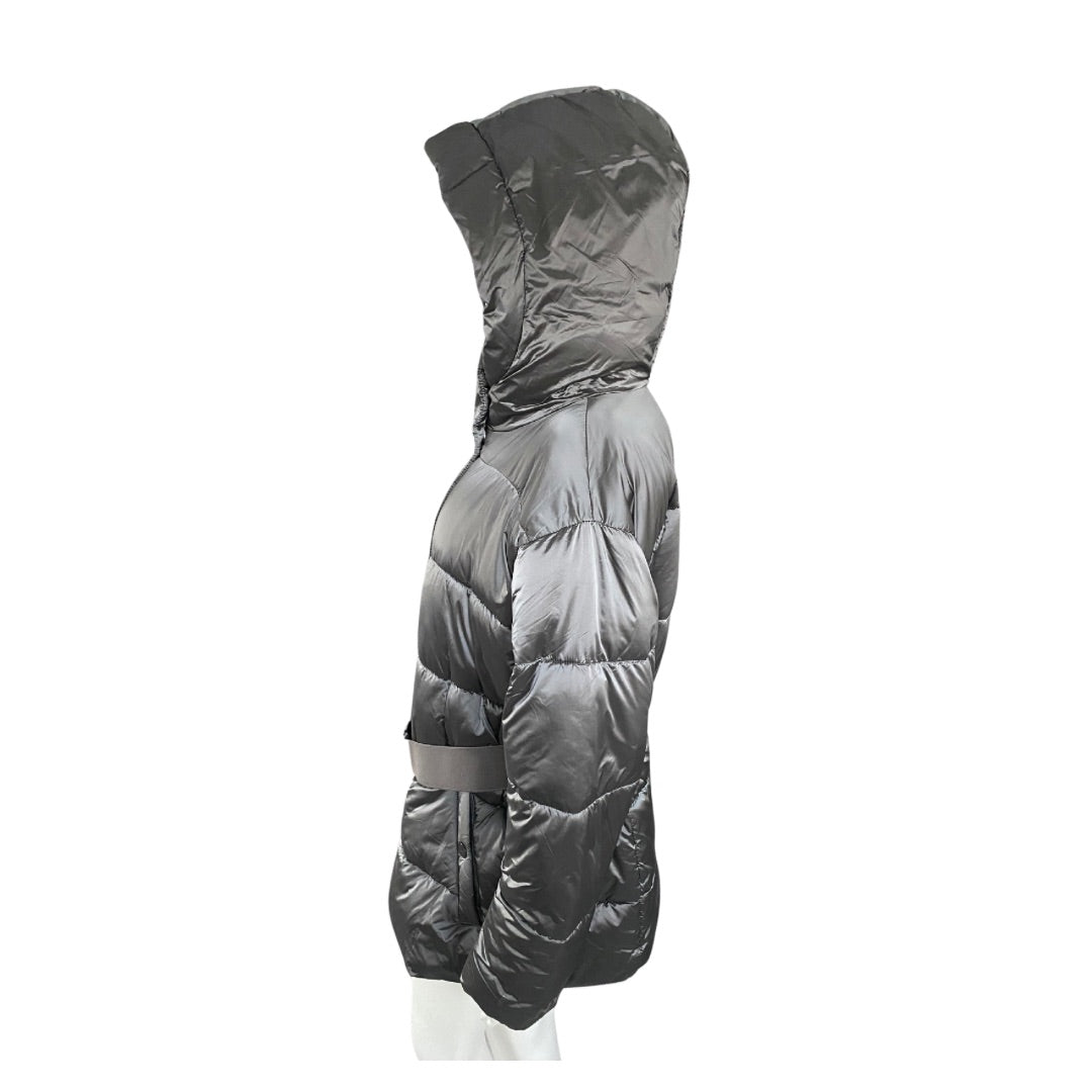 Gray puffer jacket with a hood on a white background