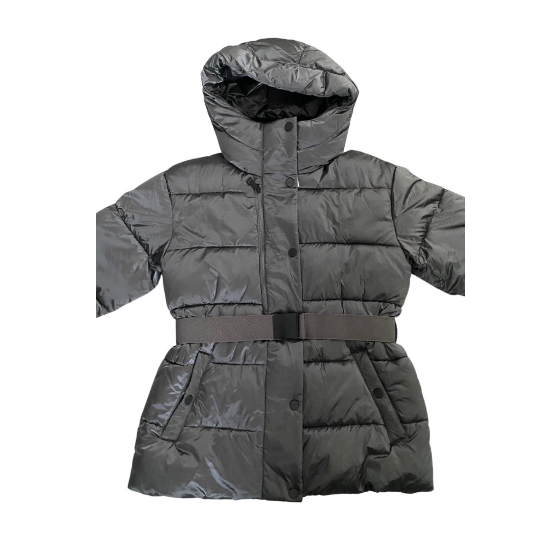 Gray puffer coat with a hood on a white background