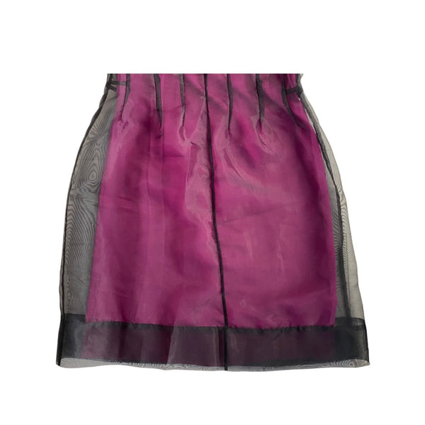 Pink dress hem with black mesh lining on a white background