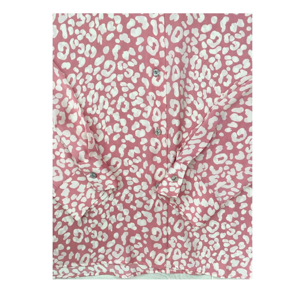 Pink shirt with white leopard print pattern on a white background