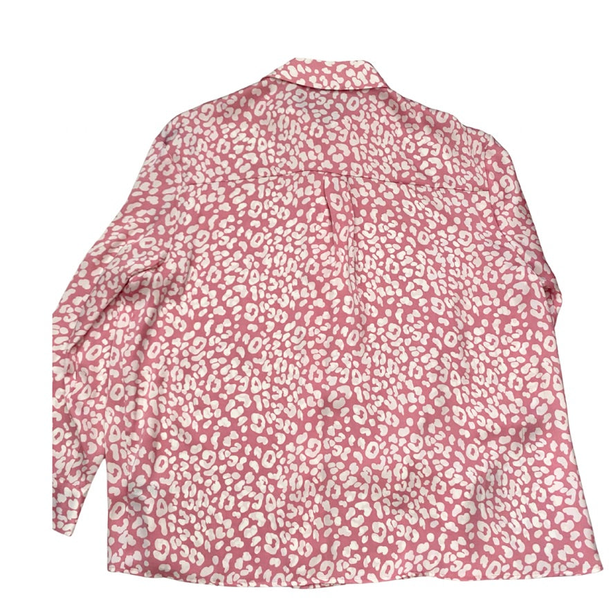 Pink leopard patterned shirt on a white background