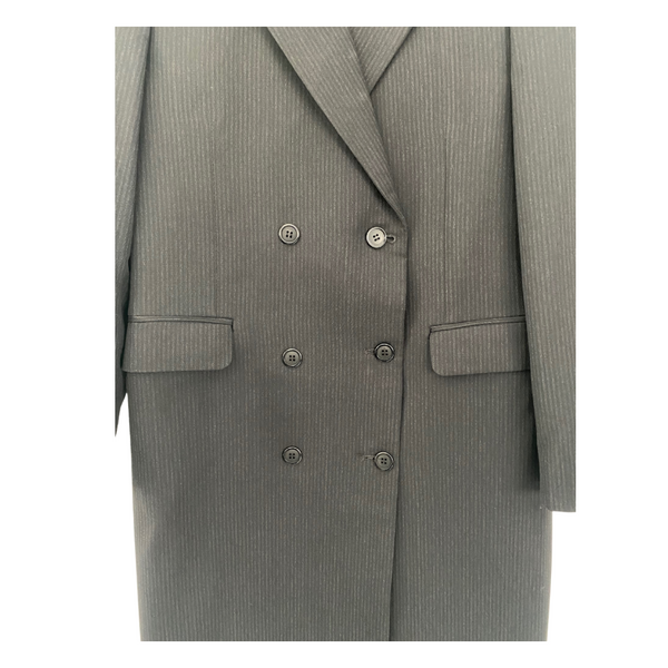 VINTAGE Pinstripe Double-Breasted Longline Blazer (14) Trouser (10) Suit Black