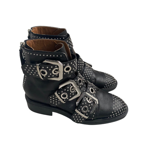 Zara Buckled Leather Stud Ankle Boots Black SIZE 36