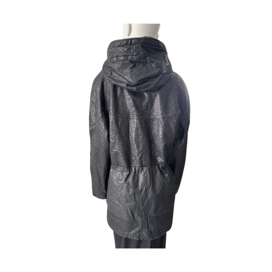 Dark gray raincoat on a mannequin against a white background